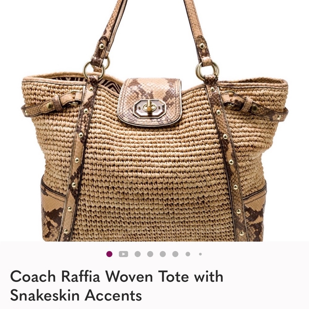 Coach Tan Raffia Tote with Snakeskin Details